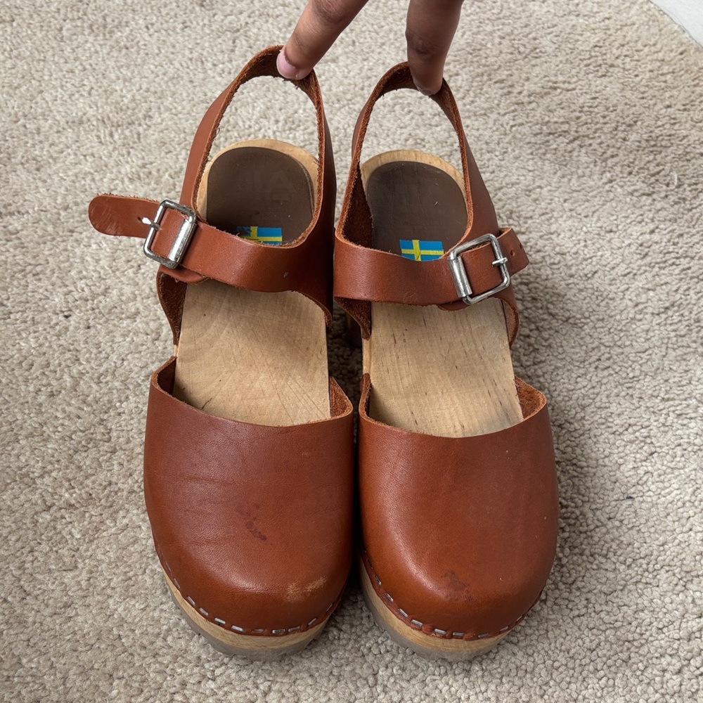 MIA Brown Leather Clogs with Swedish Flag